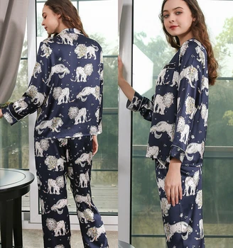 100% de Pura Seda de Manga comprida de Seda do Pijama Pronto Estoque de animais de Impressão Mulheres Dormir de Pijama Pijama de Seda Pura