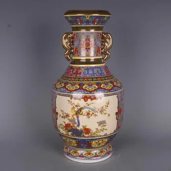 Tamanho grande 27cm Qing Yongzheng de ouro pintado de esmalte colorido de flores e pássaros de porcelana grande rei vaso embutidos com antiguidades antiq