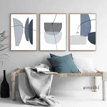 Cinza e azul Abstrata Geométrica Linha Cartaz Meados do Século Tela e Imprime Nórdicos Arte de Parede de Impressão de Imagem a Decoração de Sala de estar