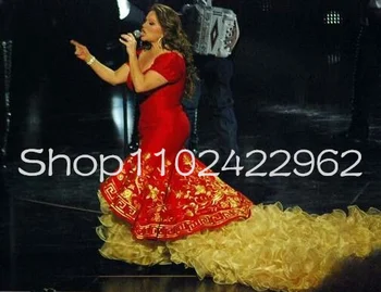 Ouro Vermelho Sereia Mexicano Roupa de Baile, Vestidos de Babados de Trem Applique Bordado com decote em V Jenni Rivera Noite Vestido da Celebridade